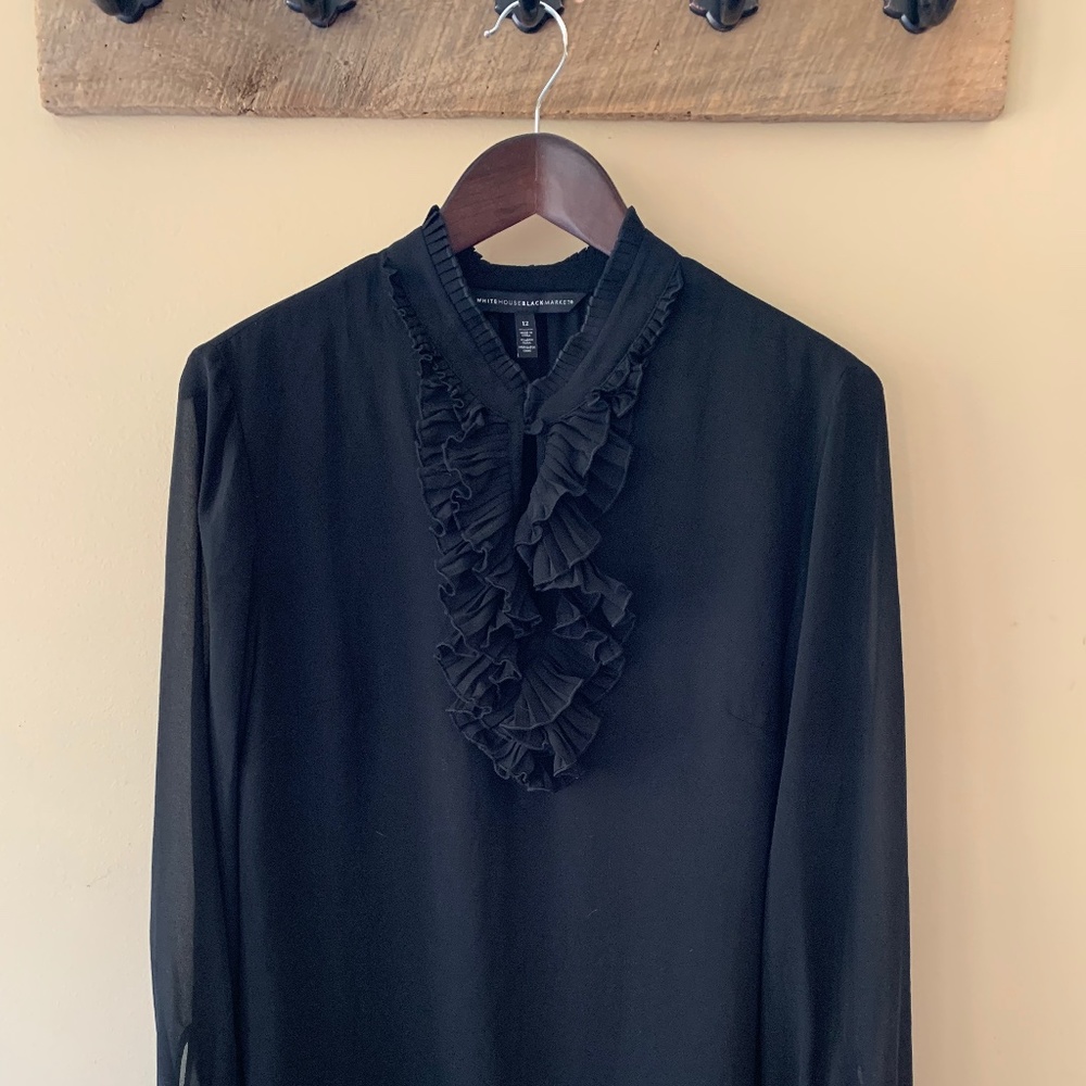 White House Black Market Black Ruffled Blouse NWOT